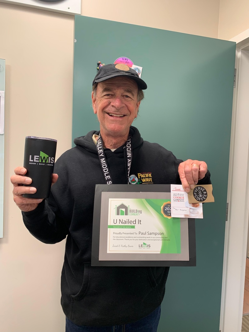 April winner Mr. Sampson of Scotts Valley Middle School