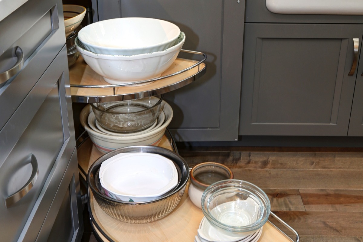 LeMans Blind Corner Cabinet with glass and ceramic mixing bowls built in