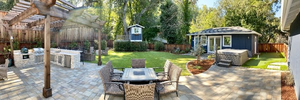 Beautiful outdoor home with a fence, patio, yard, pergola, and shed