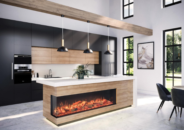 Stock image of an electric fireplace that is built into a kitchen island with a modern and contemporary design style
