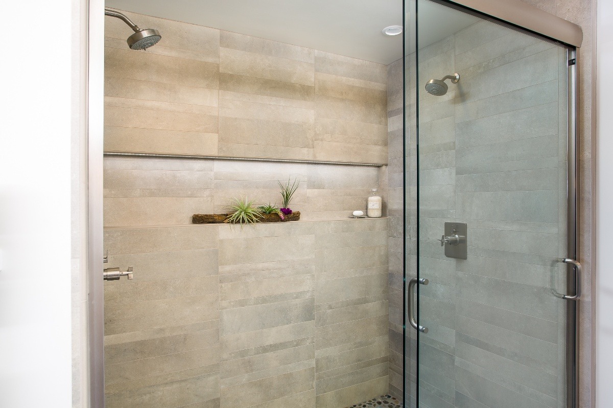 Glass sliding shower door with hard white hue lighting and some vegetation inside