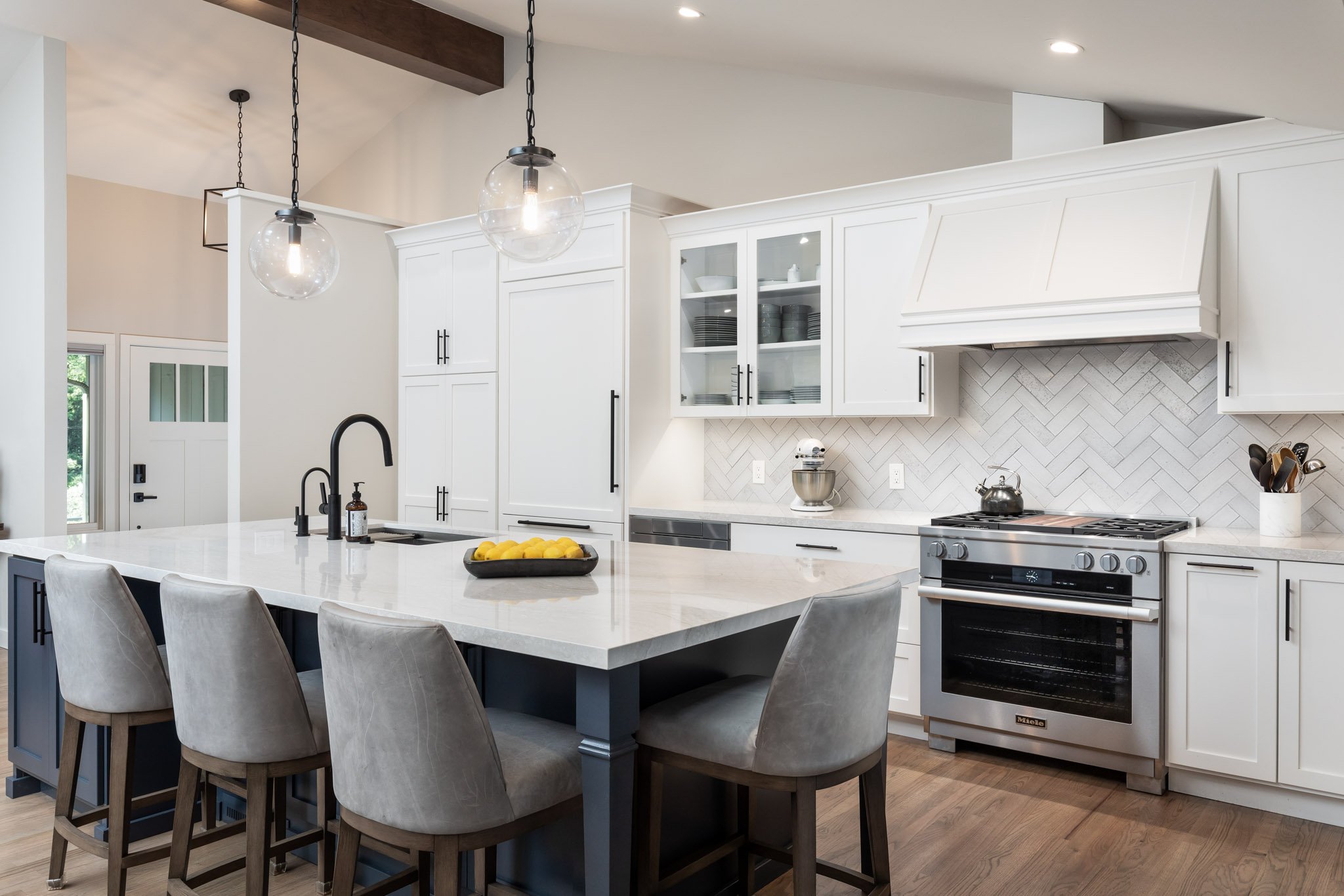 Remodeled home kitchen with sustainable lighting and energy efficient features