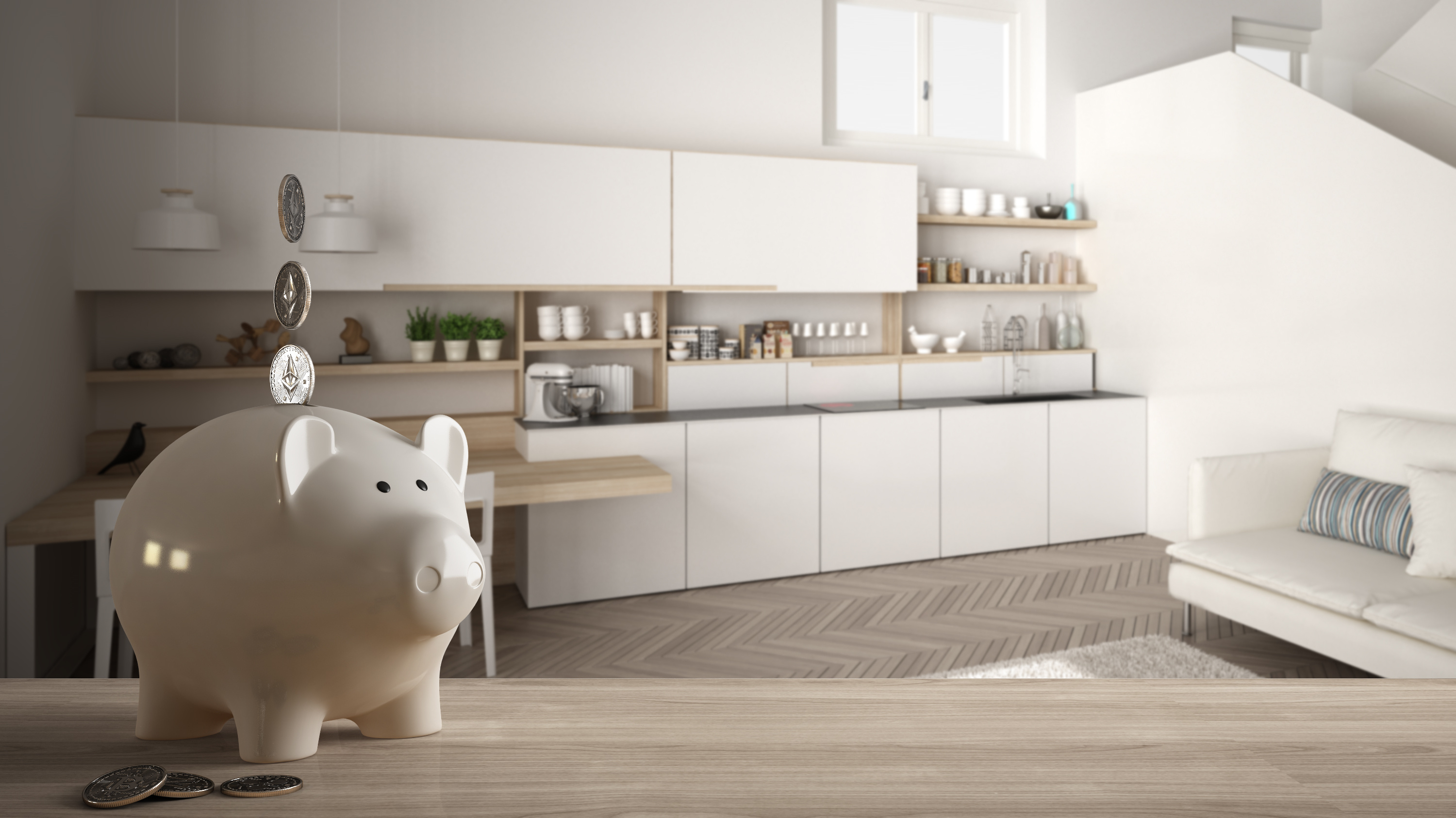 A white ceramic piggy bank resting on top of a wooden dining table