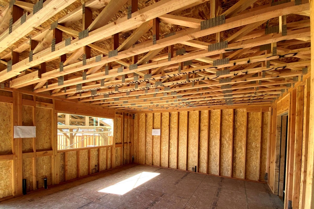 New home construction with wooden framing