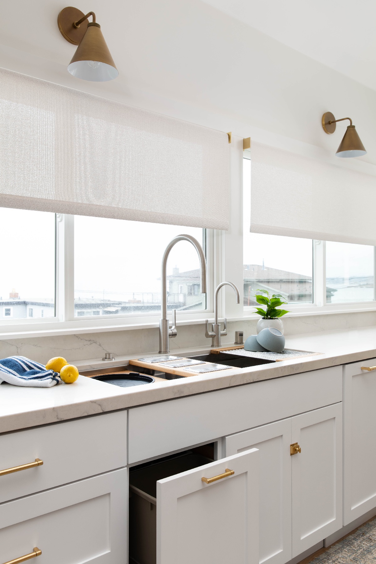 Kitchen sink with a double faucet and pull out garbage can with fabric blinds