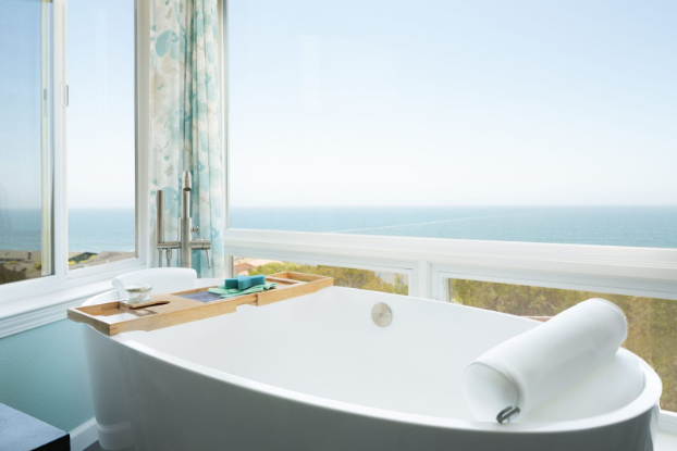 Close up photo of a home spa bathtub in a luxurious coastal home in Santa Cruz, California