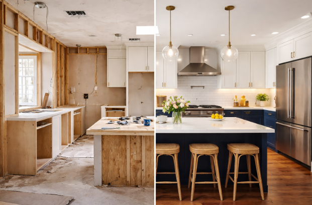 A transition between a kitchen during a remodeling on the left, to a luxurious culinary kitchen on the right