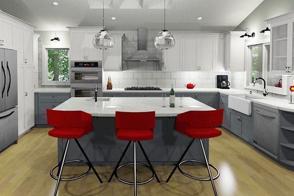 3D model of modern kitchen remodel with red barstools
