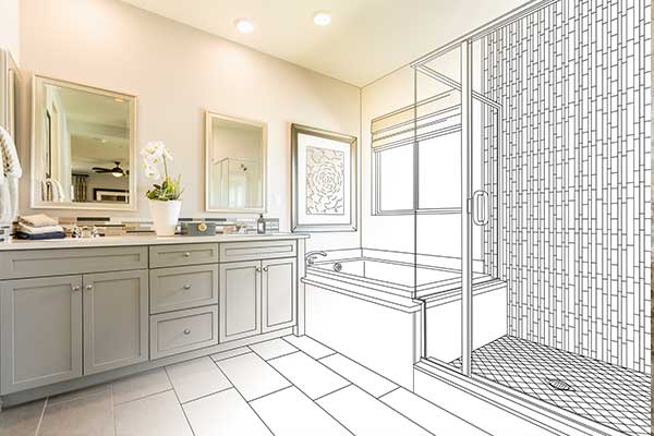 Bathroom with double vanity and a rendering of a walk-in shower