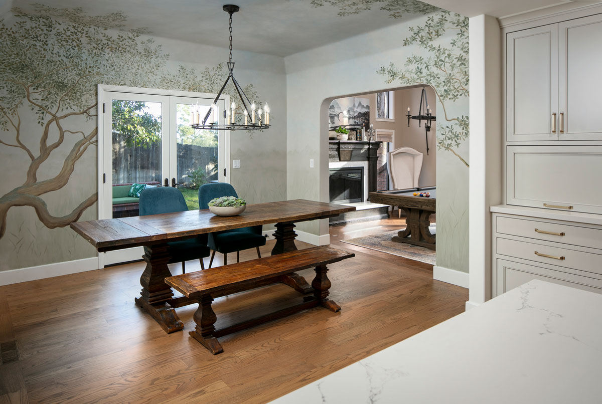 Dining room with wooden picnic style table