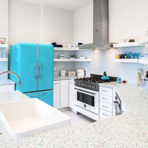 Kitchen countertop with blue and grey speckles