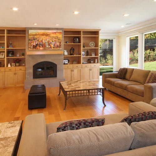 Living space with grey and white couches