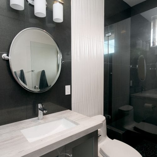 Bathroom sink and mirror next to the toilet and walk-in shower