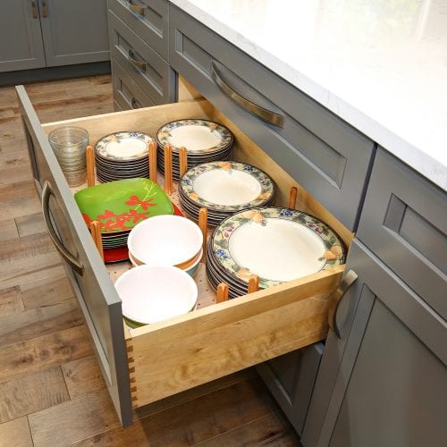 Kitchen drawer storage full of plates and bowls