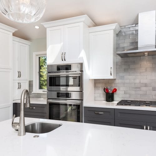 White cabinetry and stainless steel appliances above the kitchen countertop