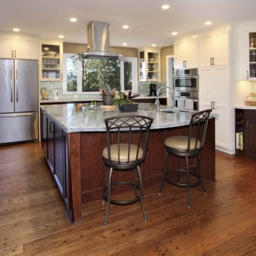 Kitchen island with metal high-back chairs