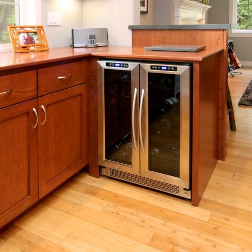 Mini fridge embedded into cabinet row