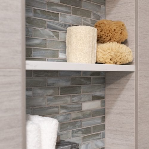 Stone backsplash for white shelving unit