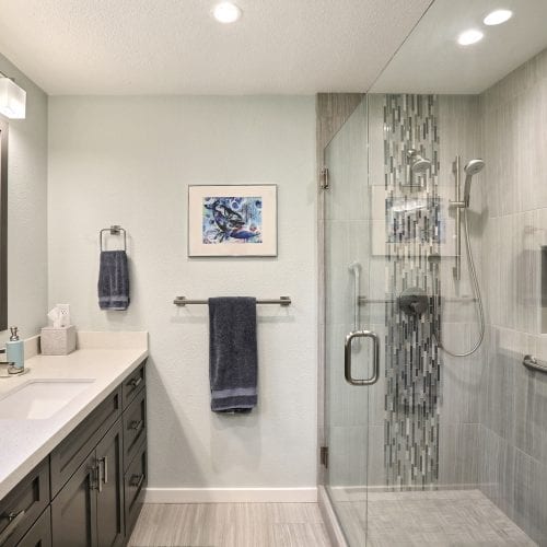 Bathroom with glass shower doors and hanging black towels