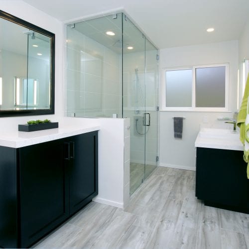 Black and white bathroom with glass shower doors