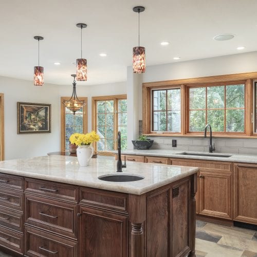 Kitchen island with rustic wood accents