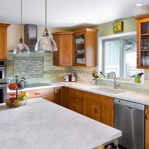 Wide angle shot of kitchen cabinets and cupboards