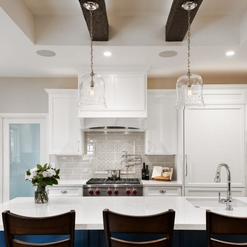 Kitchen island with overhead hanging lights