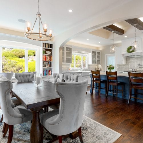 Dining room table with hanging chandelier