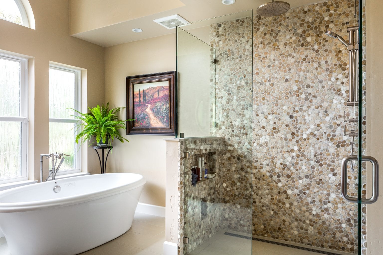 Bathroom with granite shower wall