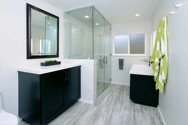 Bathroom with contrasting black and white color palette