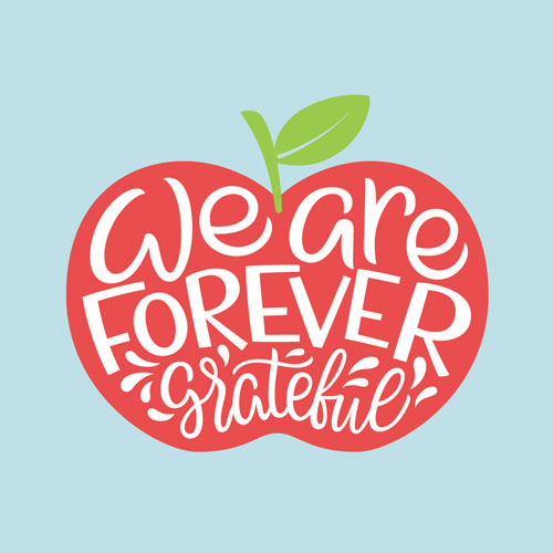 Cartoon apple with message 'We are Forever Grateful' in the center